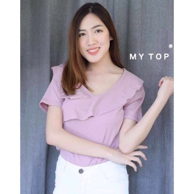 MYTOP🌈 G153 เสื้อยืดคอวีแต่งระบาย งานน่ารักมีดีเทล ทรงสวยมาก