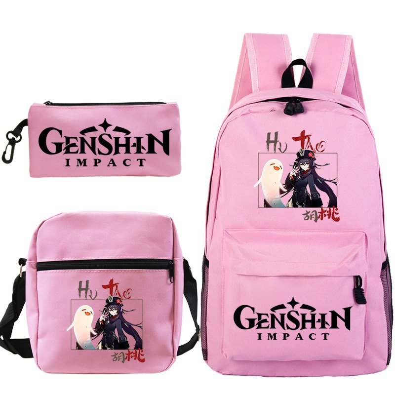 Genshin Impact Hu Tao กระเป๋าสะพายหลัง กระนักเรียน าสะพายไหล่ กระเป๋าดินสอ สามชิ้น