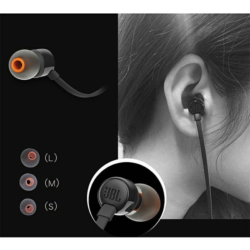JBL T110 เสียงเบสชุดหูฟังสเตอริโอชนิดใส่ในหูพร้อมสาย 3.5 มม. สำหรับหูฟังไมโครโฟนกีฬาเพลง