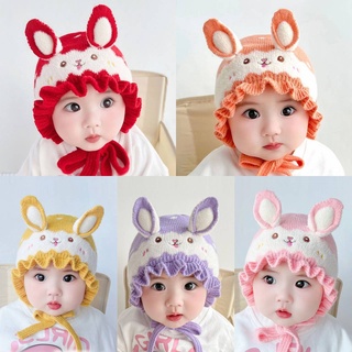 (พร้อมส่ง) หมวกไหมพรมเด็ก หมวกกันหนาวแบบผูกคาง ลายกระต่าย 🐰 ชายระบายน่ารักๆ หมวกแฟชั่นเด็ก 2เดือน-2ปี รอบหัว:40-50 cm.