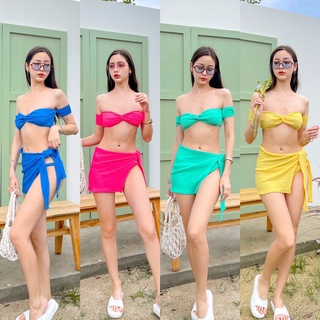 Nudeaholic **งดปลี่ยนหรือคืน NIKI Bikini Set 3ชิ้น เสื้อเกาะอกดีไซน์ม้วนหน้าเกาะแขน คู่กางเกงบิกินี่แถมผ้าพันเอว LSP