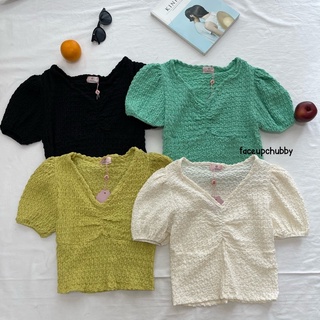 🐱FUCB🐱 เสื้อครอปสาวอวบแขนตุ๊กตา ผ้าย่นเกาหลีสุดฮิต  ผ้าใส่สบายมาก (wrinkle)