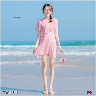 AK 11811 Dress เดรสชีฟองลายจุด แขนระบาย