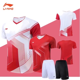 LI NING เสื้อกีฬาแบดมินตันแขนสั้น ระบายอากาศได้ดี แบบแห้งเร็ว สําหรับผู้ชาย และผู้หญิง