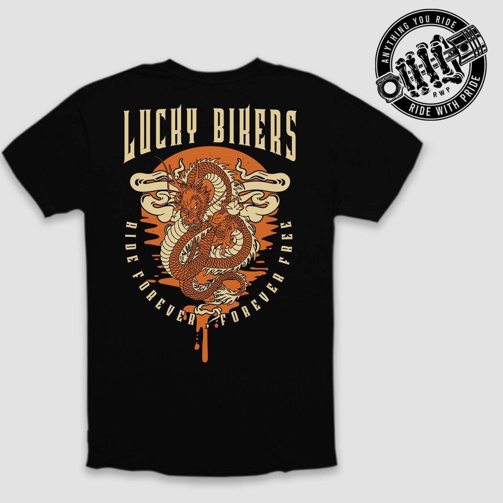 รถจักรยานยนต์ Bikers Ride With Pride - Lucky Bikers (มังกร) - เสื้อยืด Bandung Distro