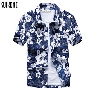 Suikone เสื้อยืดผู้ชาย แฟชั่น ลำลอง ลายดอกไม้ แขนสั้น หลวม ปก ลำลอง สไตล์เกาหลี เสื้อคู่รัก