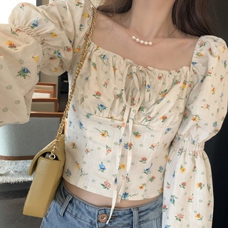 เสื้อเชิ้ตแขนยาว คอสี่เหลี่ยม ลายดอกไม้ สไตล์เรโทร สําหรับผู้หญิง เสื้อลายดอก