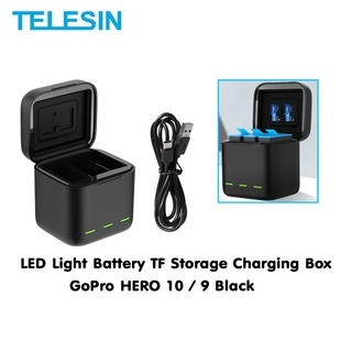 Telesin 3 Channal Charger Box GoPro 10 / 9 แท่นชาร์จและที่เก็บแบตและเมมโมรี่ในตัว สำหรับ GoPro 9 มีไฟแสดงสถานะ คุณภาพดี