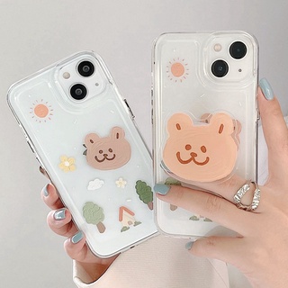 เคสโทรศัพท์มือถือ TPU ใส กันกระแทก ลายการ์ตูนหมีป่า พร้อมขาตั้ง แบบพกพา สําหรับ iPhone 13 11 12 Pro Max XR X XSMAX