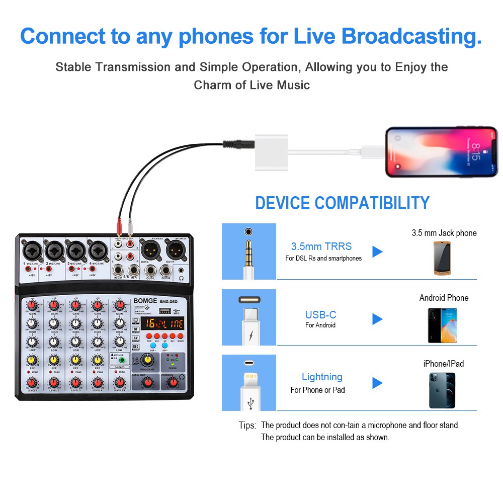 BOMGE 6 channel dj audio mixer with MP3 USB Bluetooth,48V phantom power