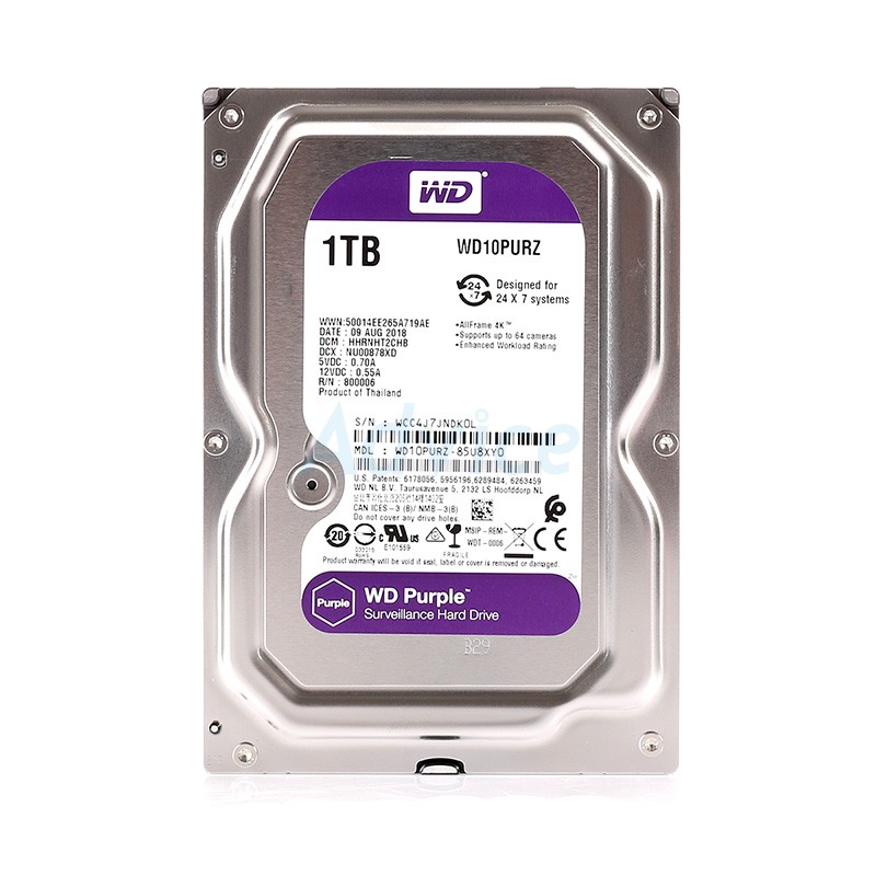 Harddisk WD Purple SATA-III WD Purple (64MB 5400RPM WD10PURZ) สำหรับกล้องวงจรปิด