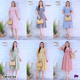 14164 Dress เดรส แขนพอง ทรงงระบาย อกยางยืด ลายสก๊อต Dress, puff sleeves, ruffled shape, elastic bust, plaid pattern.