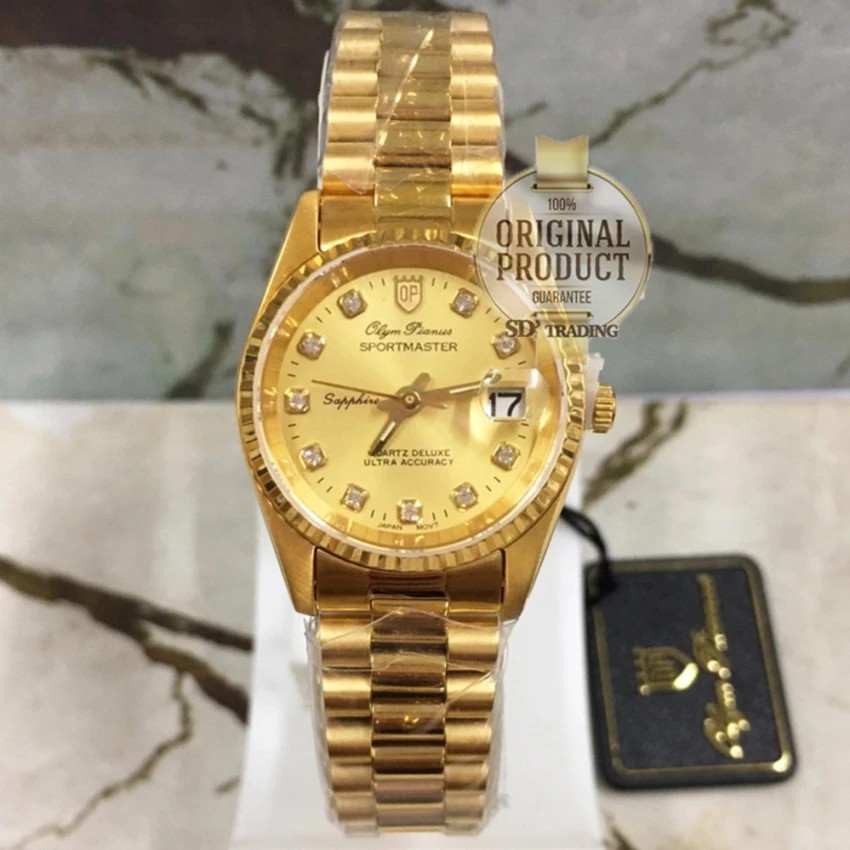 OP (Olym Pianus) นาฬิกาข้อมือผู้หญิงขอบหยัก ซัฟฟราย สายสแตนเลสทอง รุ่น 68322-403E GG (ทอง/ทอง)