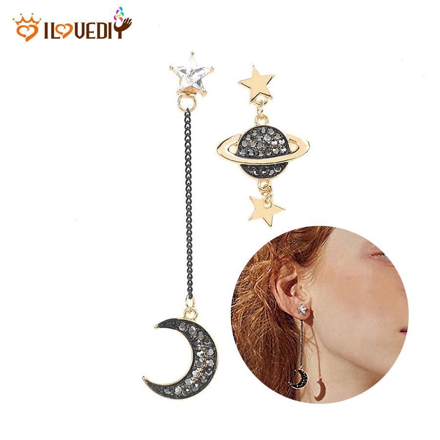 ใหม่สไตล์เกาหลี Moon Star Planet Drop Dangle ต่างหูไม่สมมาตรผู้หญิง Jewelry