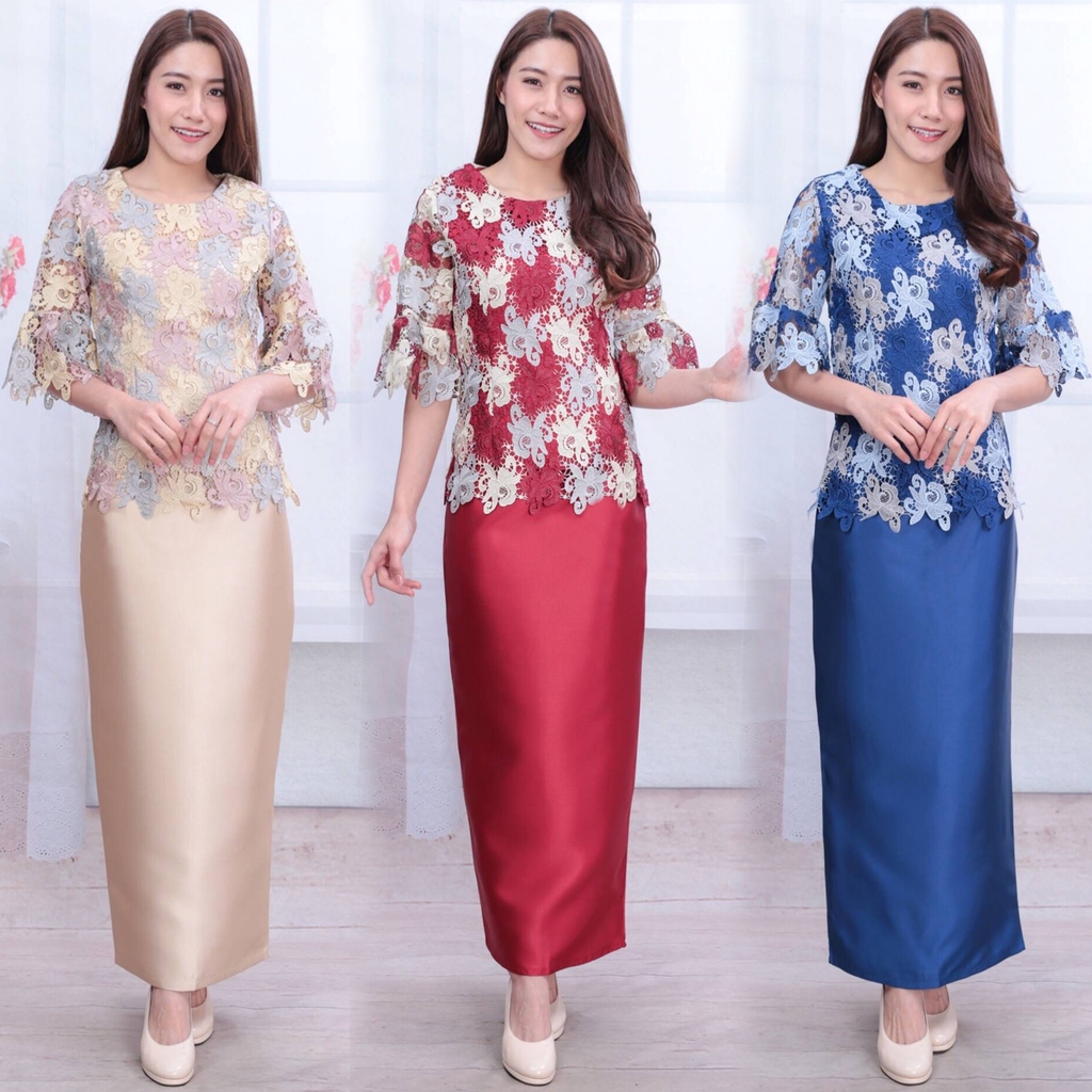 ชุด 2 ชิ้น ชุดออกงาน Set เสื้อลูกไม้สามโทนสีแขนกระดิ่ง + กระโปรงผ้าไหมทรงสอบสวมใส่ออกงาน (มี size S-