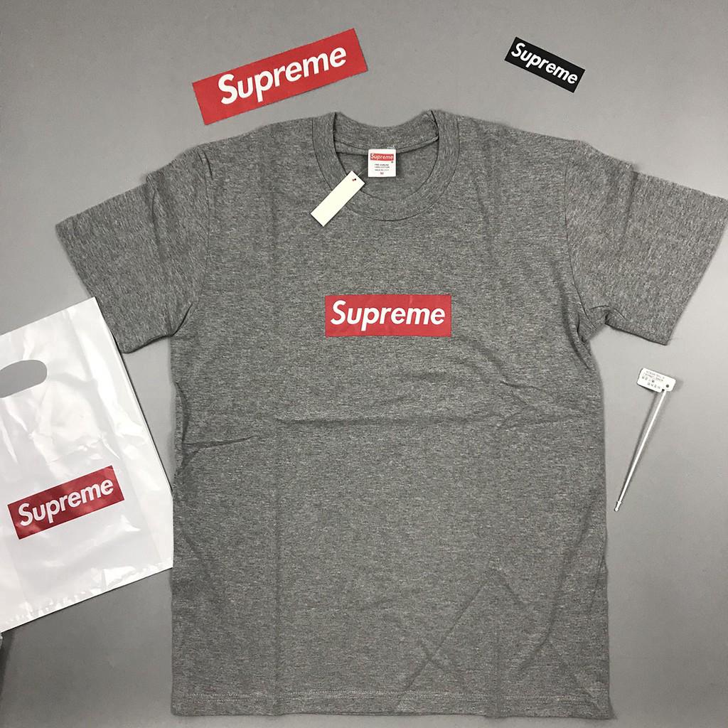 Original Supreme แฟชั่น Unisex เสื้อยืดคลาสสิกพิมพ์ลายโลโก้สีเทา