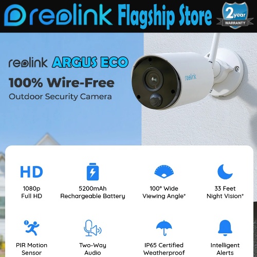 Reolink Argus Eco กล้องรักษาความปลอดภัยแบตเตอรี่แบบชาร์จไฟในตัว 100% หรือกล้องวงจรปิดพลังงานแสงอาทิต