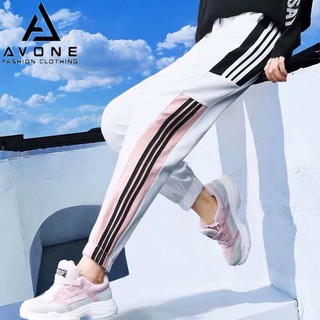 K.C SHOP AVONE กางเกงขายาว เอวยางยืด แต่งแถบข้าง รุ่น Elastic trousers, side stripe pattern (สีขาว)รุ่น KJ888-008