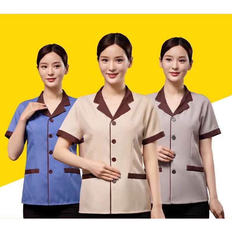 เสื้อแขนสั้น เครื่องแบบพนักงานเสิร์ฟ เหมาะกับฤดูร้อน สําหรับทําความสะอาดเสื้อผ้าโรงแรม