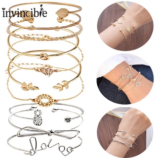 4 Pcs/Set Fashion Golden Love Leave Rhinestones Bracelet Kit/ Women Bow Knot Cactus Opening Bangle/ Luxurious Chains Jewelry Accessories