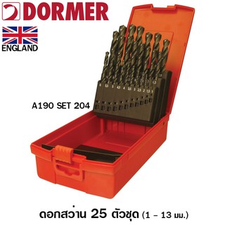 Dormer ดอกสว่านเจาะเหล็ก 25 ตัวชุด 1.0 - 13.0 มม. ( HSS Twist Drill ) รุ่น A190 Set 204 รหัส A190204 - ชุดดอกสว่าน