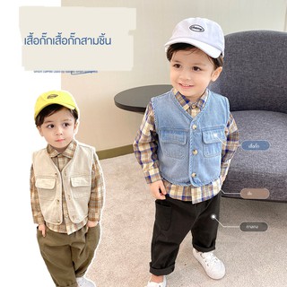 ❀Boys Workwear Denim Waistcoat Shirt Pants ชุดสามชิ้นฤดูใบไม้ร่วงฤดูใบไม้ผลิและฤดูใบไม้ร่วงเด็กทารกเด็กสไตล์ตะวันตกชุดเ