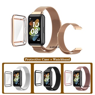 เคส + สายคล้อง สเตนเลส แถบโลหะ ห่วงแม่เหล็ก สําหรับ Huawei Band 7