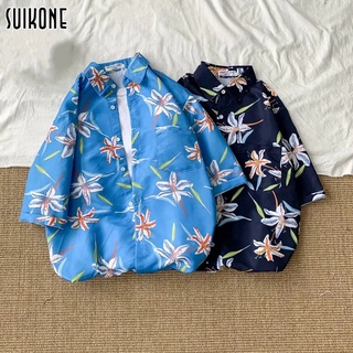 Suikone เสื้อเชิ้ตผู้ชายแฟชั่นฤดูร้อนบางพิมพ์แขนสั้นสไตล์ชายหาดเสื้อฮาวาย