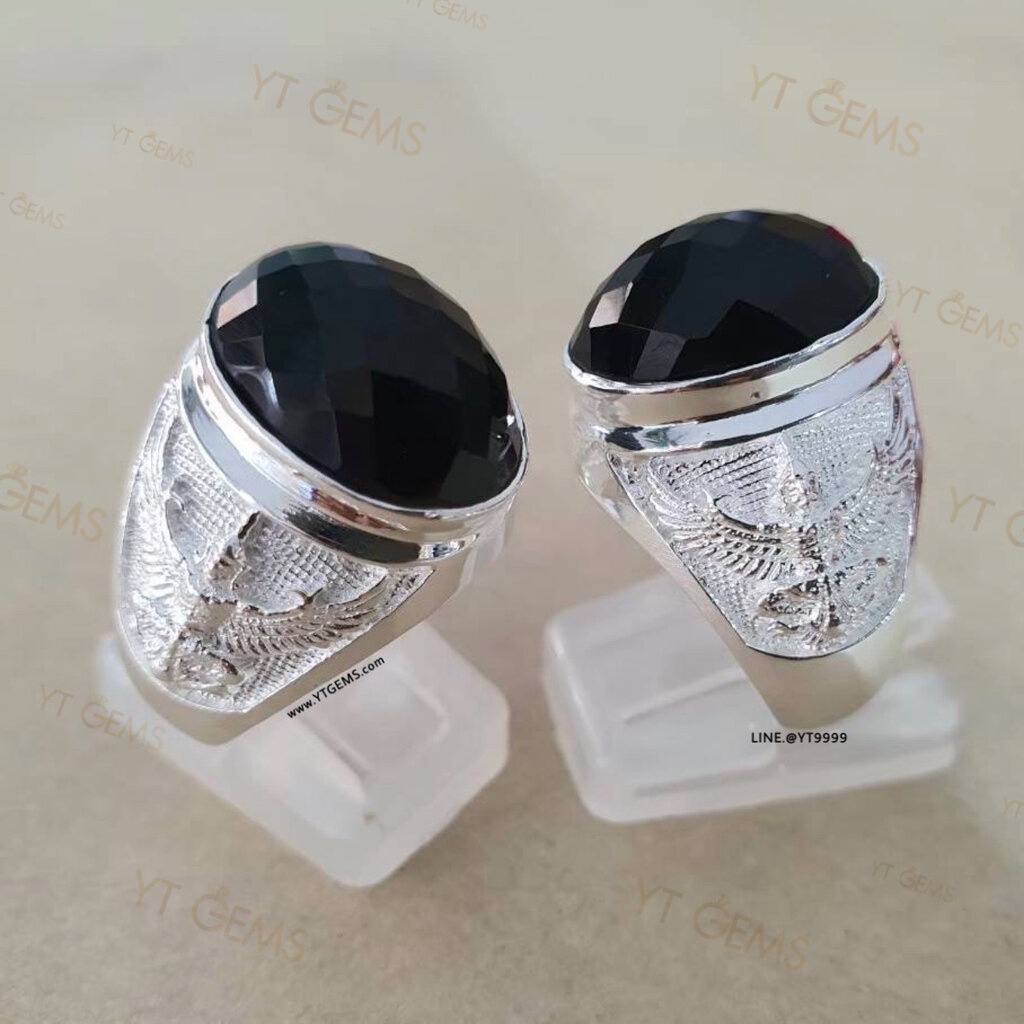 แหวนนิล แหวนครุฑ แหวนเงินแท้ ลายพญาครุฑ พลอยนิลแท้ YTG-11401