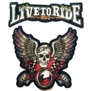 ซื้อคู่ถูกกว่า ตัวรีดติดหลังเสื้อขนาดใหญ่ Live to ride + Large Wing Racing Skull Biker Iron on patch