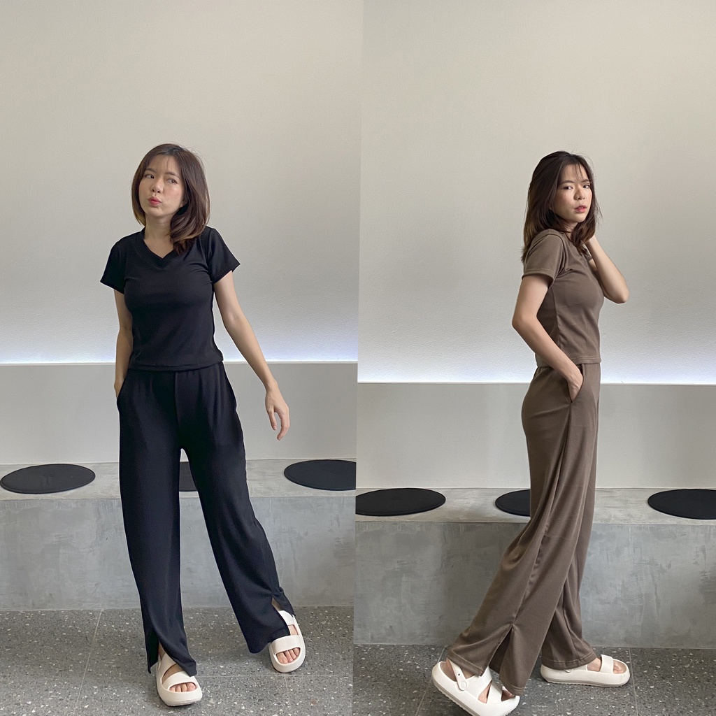 🍄 DANMUGI 🍄 Bebe set (เบเบเซ็ท) เซ็ทผ้ายืดกางเกงเอวสูง ผ้าร่องยืด ชุดเซ็ทผู้หญิง