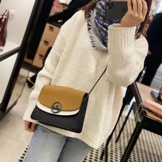 (ผ่อน0%) กระเป๋า สะพายข้าง สีน้ำตาล หนังแท้ สายโซ่ JADE FLAP CROSSBODY IN COLORBLOCK  (COACH F80834)