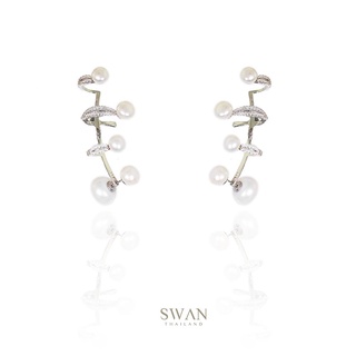 SWAN - Pearl Ear Cuff ต่างหูหนีบไต่หูเงินแท้ ประดับมุกแท้ มุกน้ำจืด ฝังเพชรคิวบิคเซอร์โคเนีย