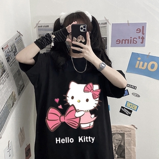 ผู้หญิง 2021 hello kitty โบว์พิมพ์การ์ตูนแขนสั้นลำลองสตรีทเสื้อยืดเด็กผู้หญิงหลวมแขนสั้นสีดำ y2k