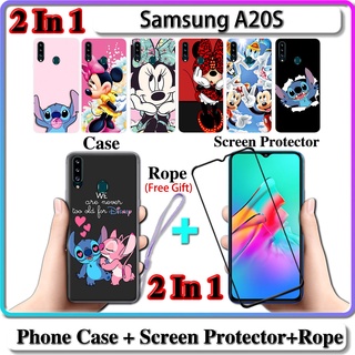 2 IN 1 เคส Samsung A20S พร้อมกระจกนิรภัยโค้ง ป้องกันหน้าจอ เซรามิค สติช และมินนี่