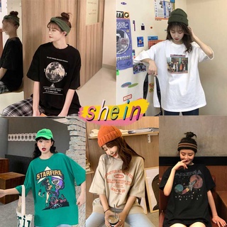 Shein  เสื้อยืด เสื้อยืดแขนสั้น oversize เสื้อผ้าเกาหลีผู้หญิง เสื้อแฟชั่นสาวอวบ สกรีนลาย แขน  ส่วน เนื้อผ้า cvc นิ่ม