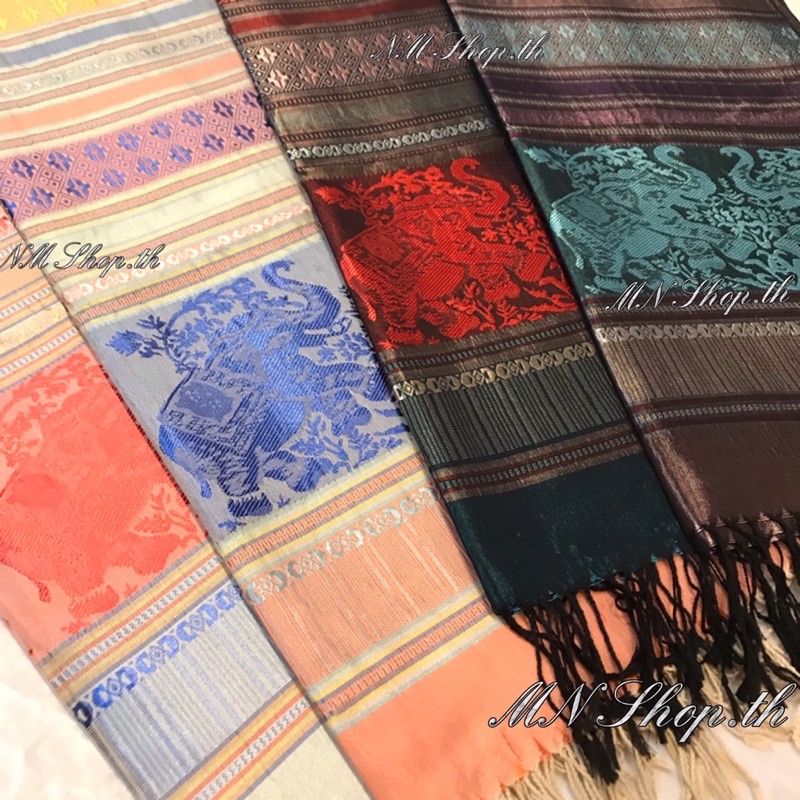 ชื่อ ผ้าพันคอ คลุมไหล่ ไหม Silk ลายช้าง ผ้าลายไทย ไหมแพร ผืนใหญ่ 70x180 cm.