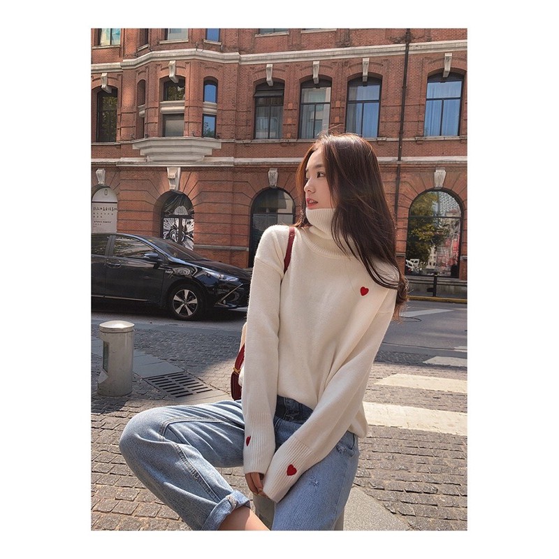 โล๊ะสต๊อก พร้อมส่ง เสื้อไหมพรมคอเต่าลายหัวใจ3หัวใจ เสื้อคอเต่า เสื้อกันหนาว