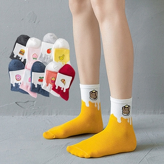 Peach Pizza Burger Cartoon Fruits Printed Crew Socks Women Japanese Funny Cute Spring Cotton Mid Calf Personality Slipper Socks