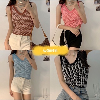 women 🍒พร้อมส่ง🍒เสื้อกล้ามคอวีลายตาราง สายฝอเซ็กซี่(8617)