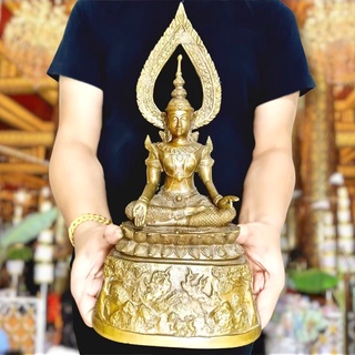 พระศรีอริยเมตไตรย ปี2528 ทรงเครื่องจักรพรรดิ วัดไลย์ จ.ลพบุรี (หน้าตัก5นิ้ว สูง32ซม.)เนื้อทองเหลือง ปลุกเสกแล้ว