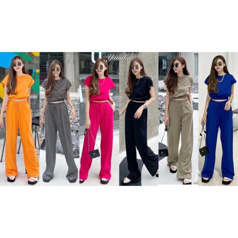 Yunaka ชุดเซ็ต 2 ชิ้น เสื้อครอป กางเกงขายาว Set Crop top stly rawii ผ้าคอตต้อล 100% อก 40 เอว 32