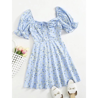SHEIN เดรสลายดอกแขนพองสีฟ้า มือ1 ไซส์M