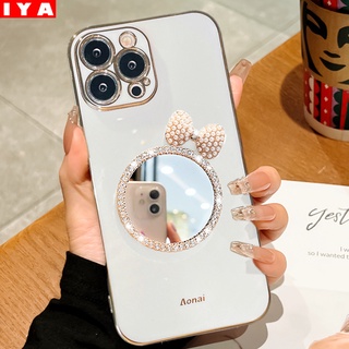 เคสโทรศัพท์มือถือนิ่ม ทรงสี่เหลี่ยม กันตก ประดับโบว์ พร้อมกระจก สําหรับ Redmi Note 11 Pro Note11S Redmi10 9 9A 9T Note 10S Note10 Note9 Note9S Note8 Note7