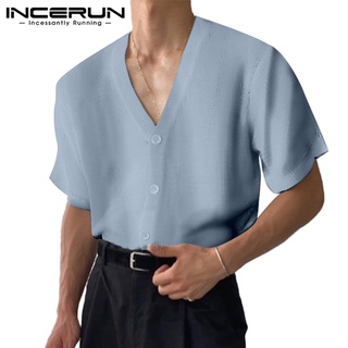 Incerun เสื้อยืดแขนสั้นลําลอง คอวี ผ้าถัก สีพื้น สําหรับผู้ชาย