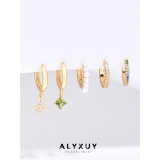 Alyxuy ต่างหูห่วง ชุบทอง 14k ประดับเพทาย ไข่มุก มรกต 5 ชิ้น ต่อชุด