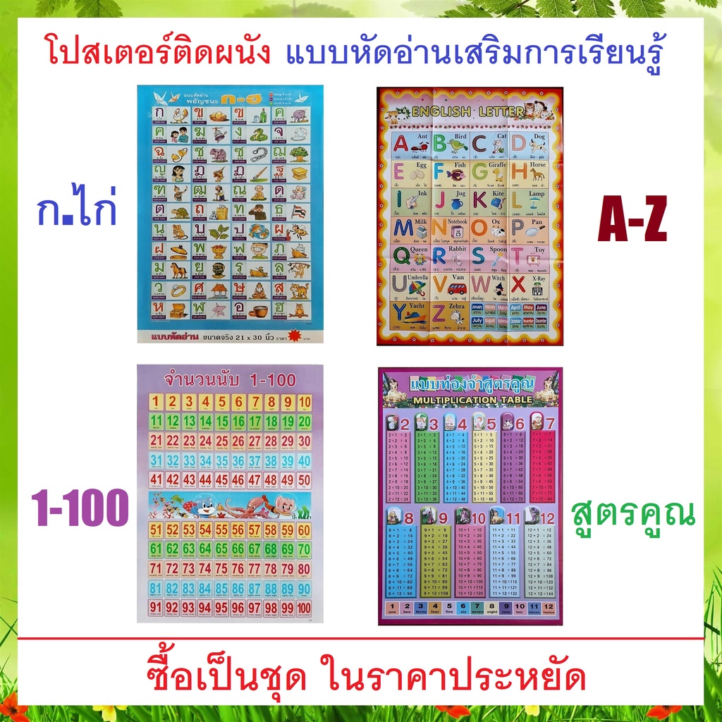 Wphuth โปสเตอร์ ติดผนัง ก.ไก่ – ฮ.นกฮูก / A-Z / ตัวเลขอารบิก 1-100 /สูตรคูณ แม่ 2- แม่ 12 จำนวน 1 ชุด