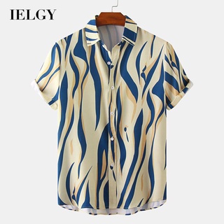 Ielgy เสื้อเชิ้ตโปโล แขนสั้น ลายทาง สไตล์วันหยุด สําหรับผู้ชาย