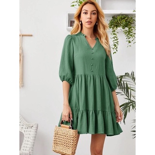 พร้อมส่ง SHEIN Lantern Sleeve Tiered Hem Smock Dress