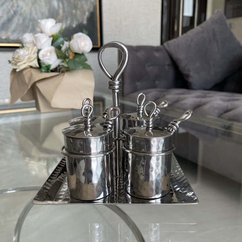 ชุดเครื่องปรุง พริกป่น พริกน้ำปลา พริกน้ำส้ม สแตนเลส 4 ลูก (ลายเชือก)(ทรงจตุรัส)